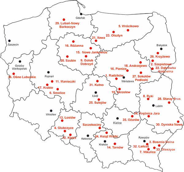 Mapa Polski z zaznaczonymi lokalizacjami doświadczeń kukurydzy HungaroSeed w 2016 roku